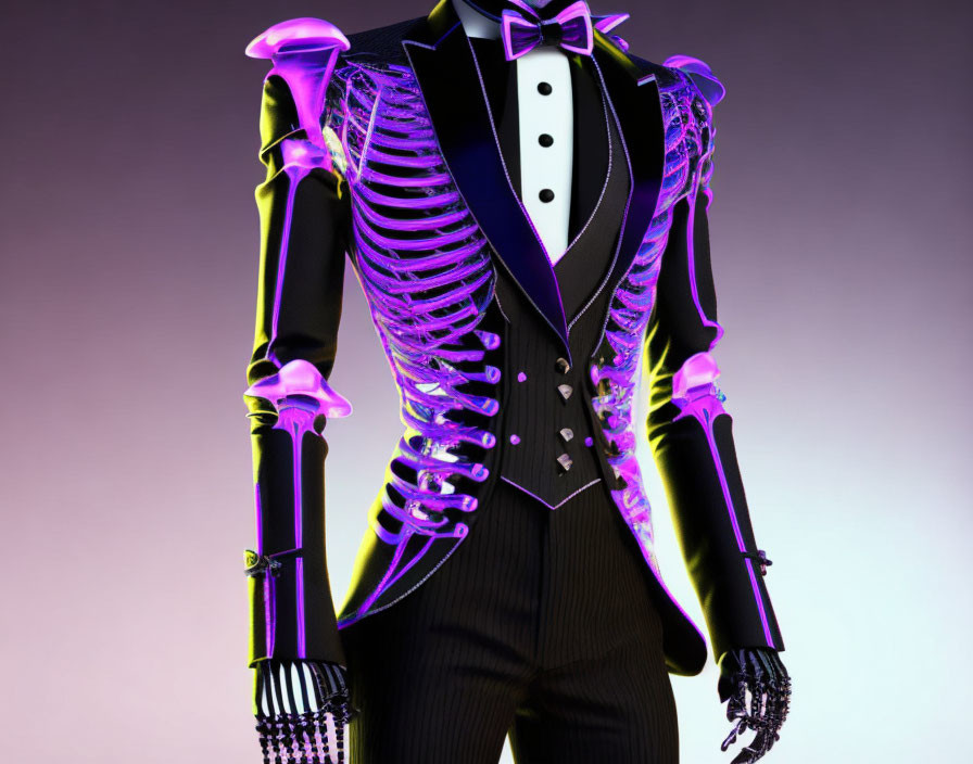 Skeleton in Elegant Tuxedo with Purple Outline on Gradient Background