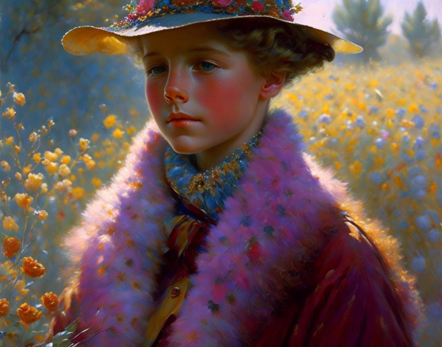 Young person in pink feathered coat & flower-adorned hat in yellow flower field