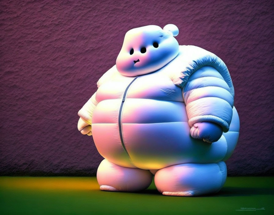 Chubby animated character in white puffy jacket against pink wall