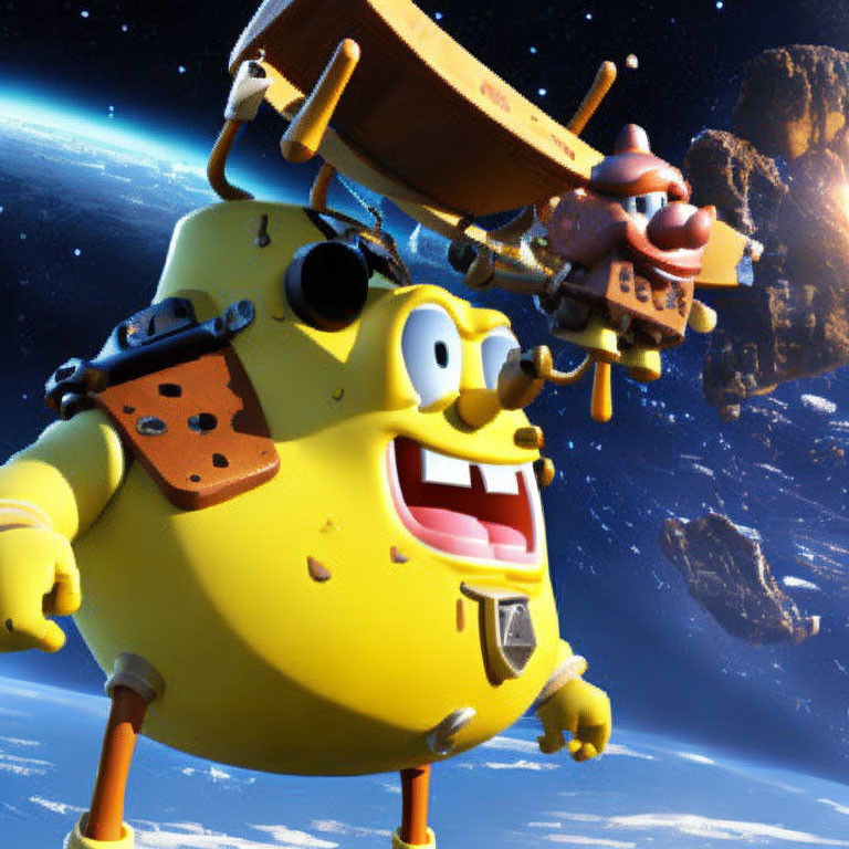 Yellow Sponge Character in Space Suit with Laser Gun Floating Among Asteroids and Earth
