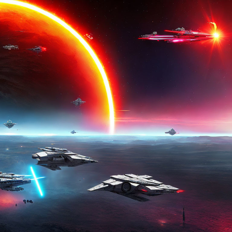 Spaceships flying over alien planet with red celestial body in sci-fi scene
