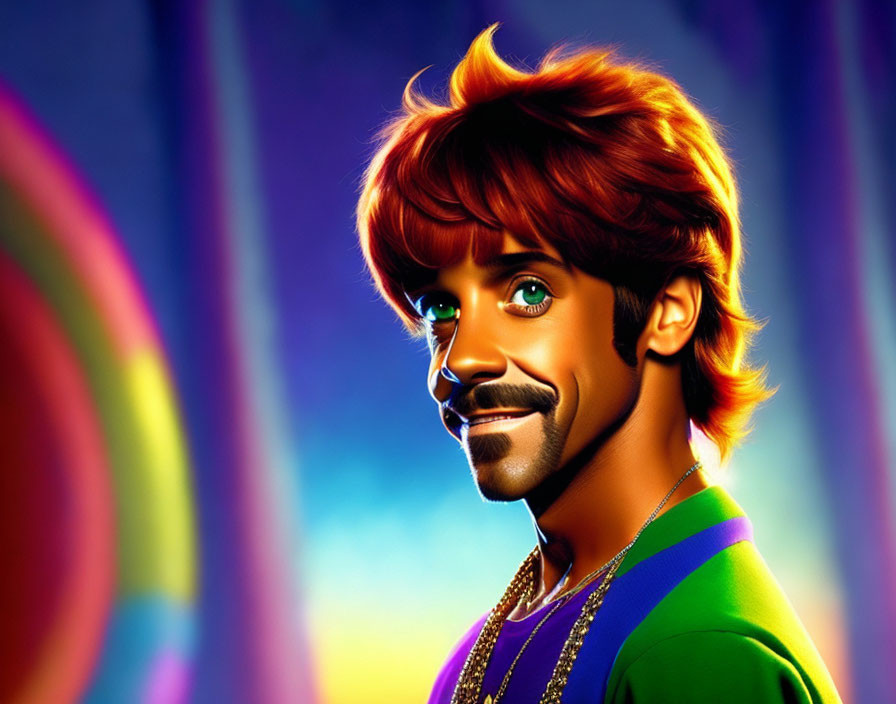 Colorful Illustration: Man with Orange Hair & Mustache in Green & Purple Jacket