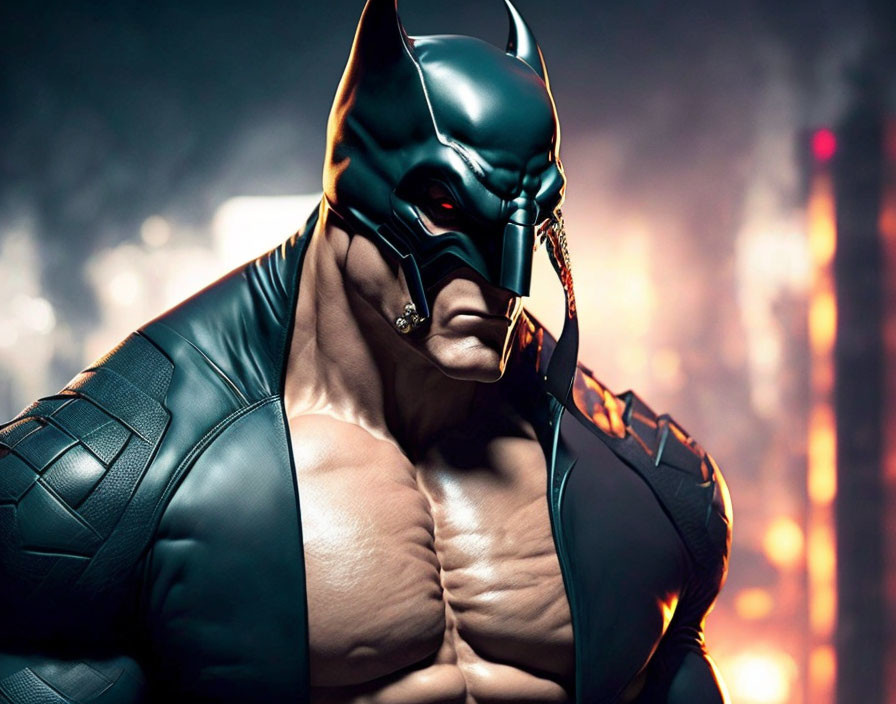 Muscular Batman Character in Detailed Costume with Fiery Cityscape Backdrop