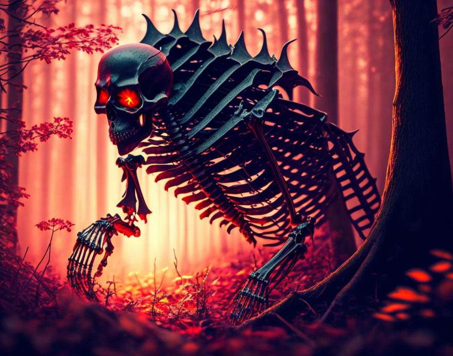 Fantasy skeleton with glowing red eye in crimson forest.