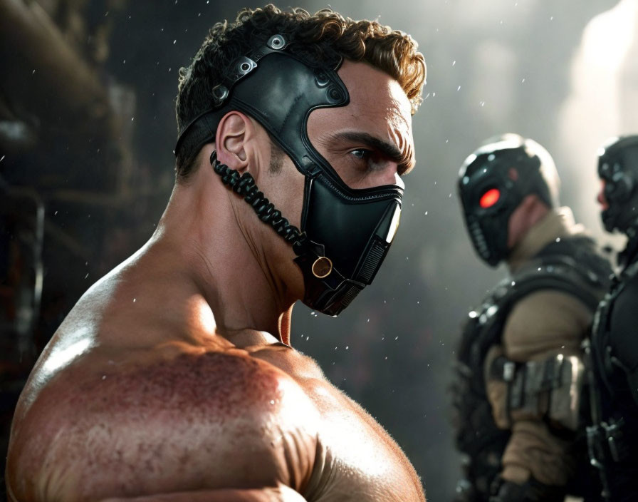 Muscular man with high-tech mask in dramatic lighting confronts glowing-eyed robotic figures