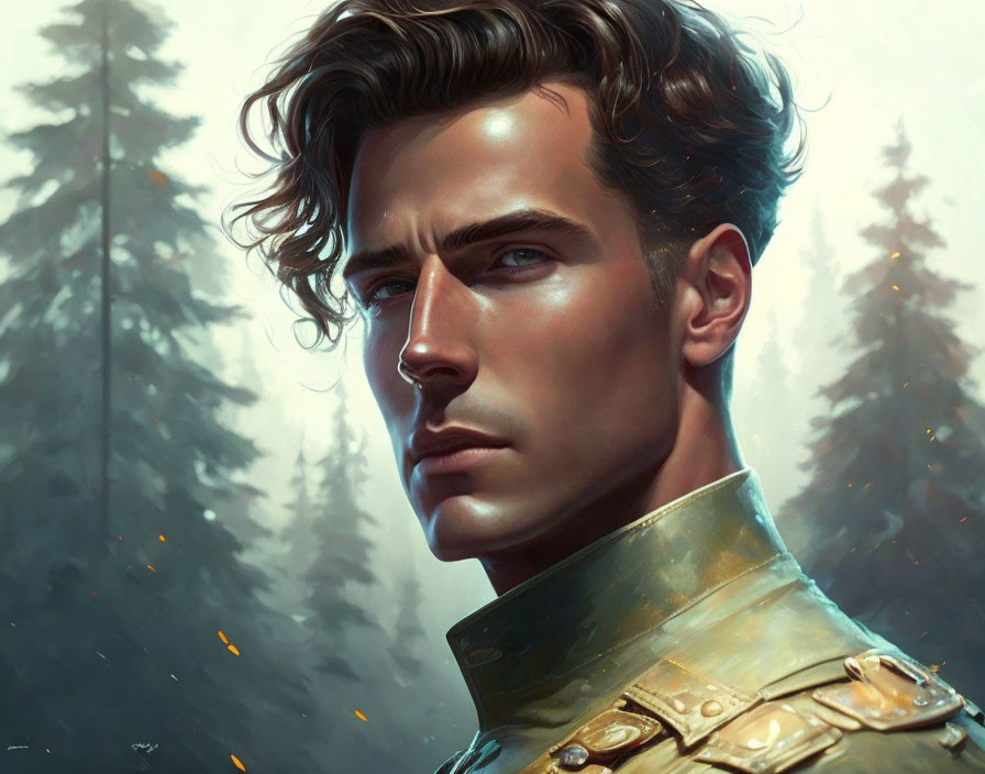 Young man in military uniform with slicked-back hair in ethereal forest scene