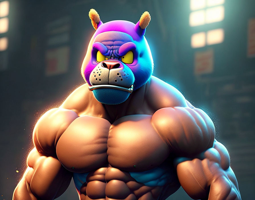 Purple Bulldog Character Flexing in Gym Environment