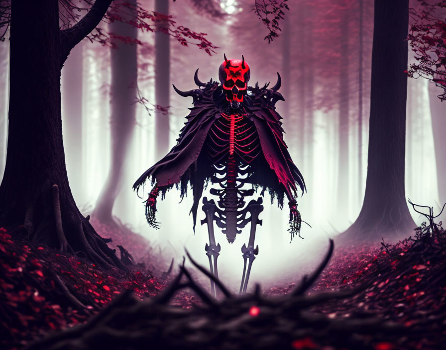 Glowing red skeletal figure in misty crimson forest