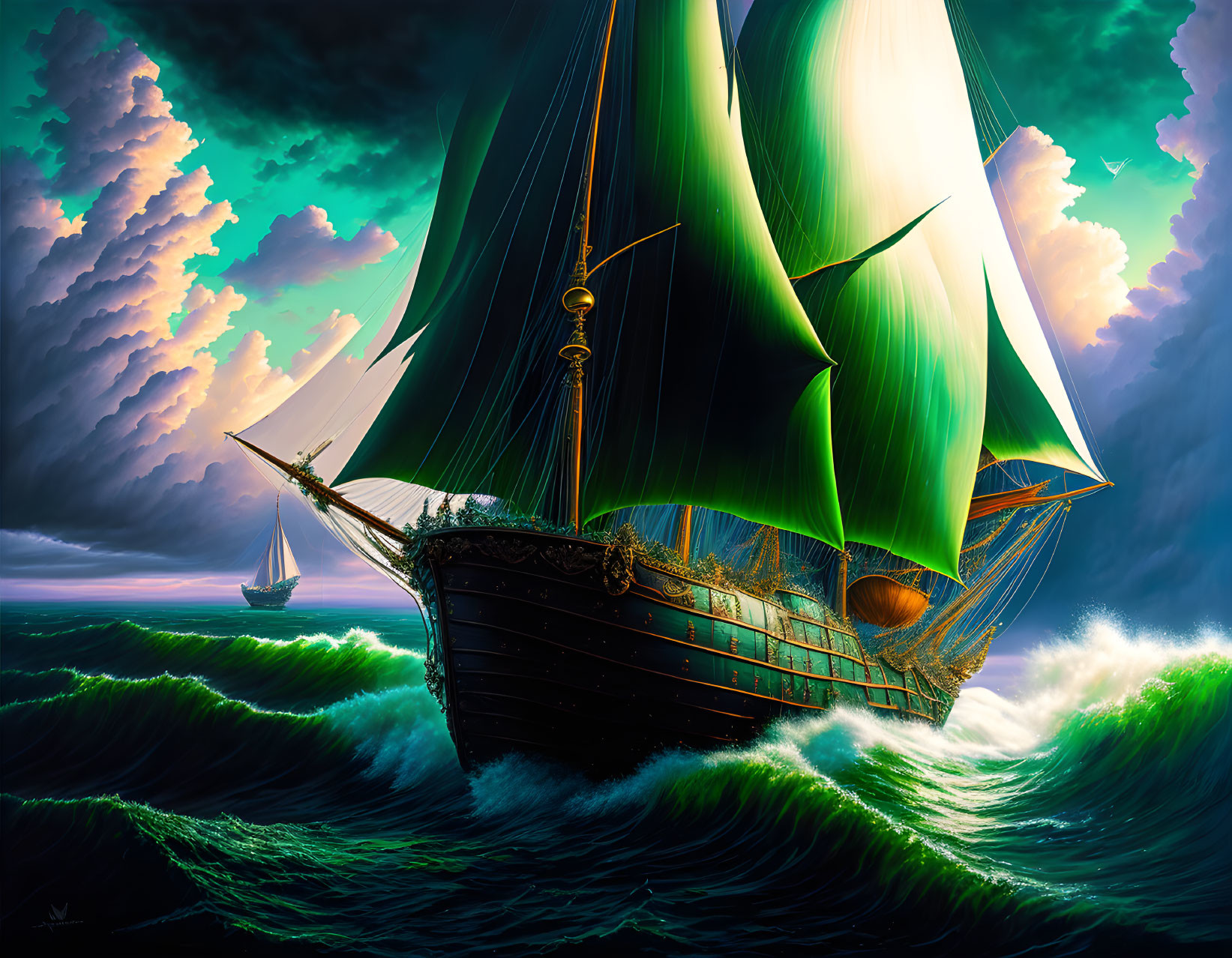 Emerald Ship in green storm