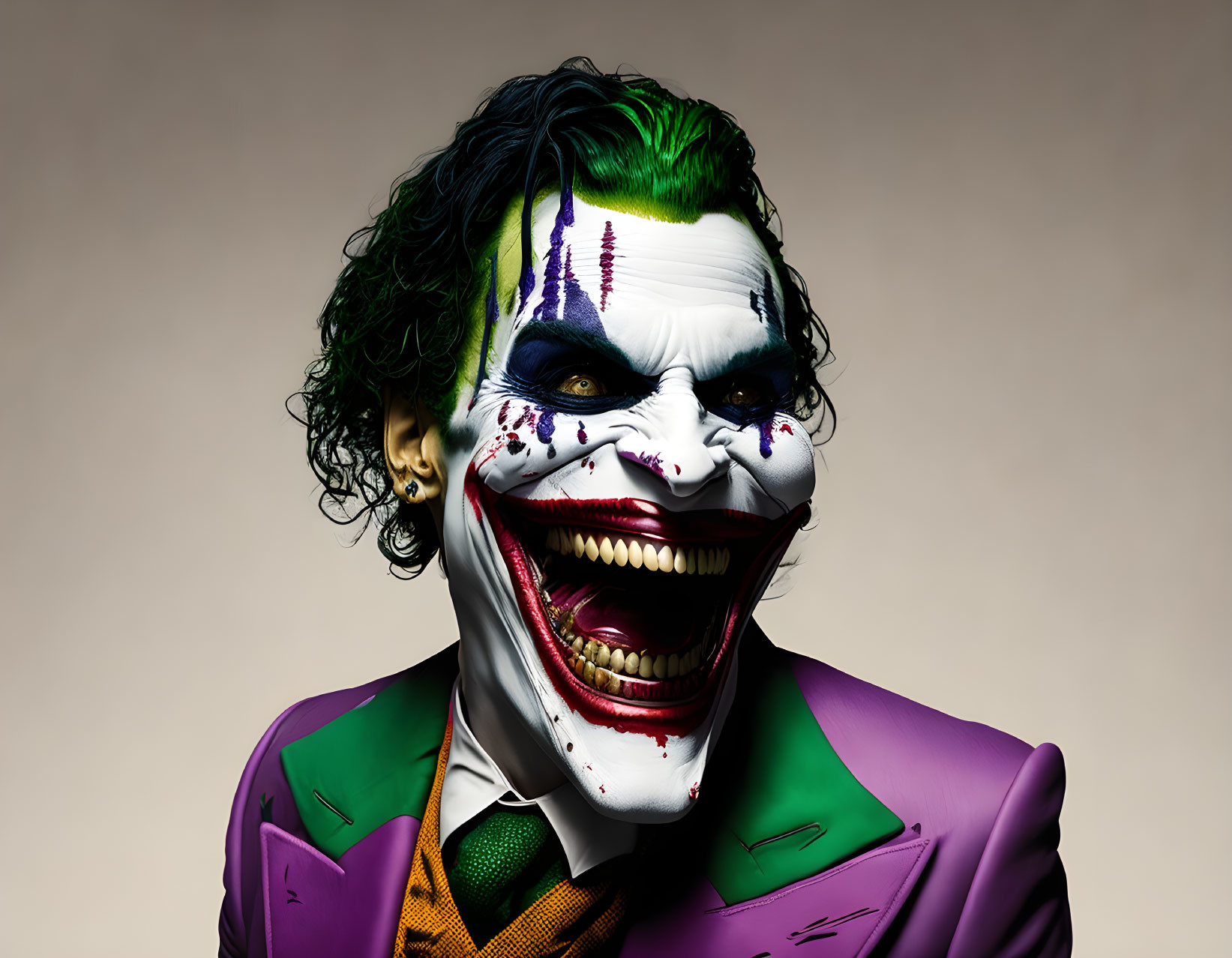 Detailed Joker makeup and costume with green hair, white face paint, red smile, purple jacket