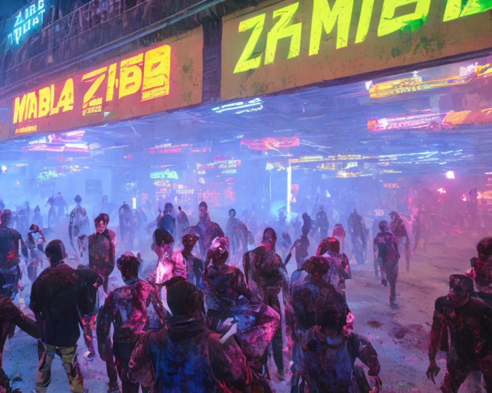 Group of people dressed as zombies in neon-lit "ZOMBIE" area