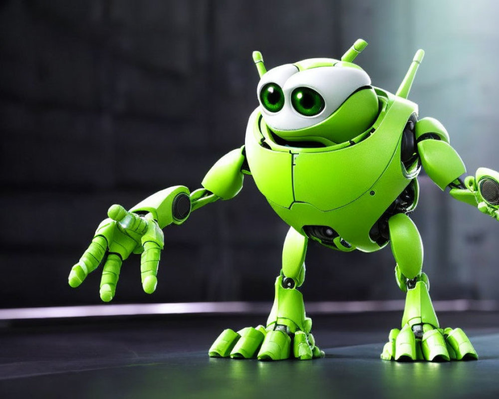 Green anthropomorphic robot with large eyes and articulated fingers on dark surface.