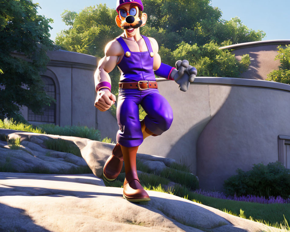 3D rendering of Waluigi in purple and black outfit with "L" cap