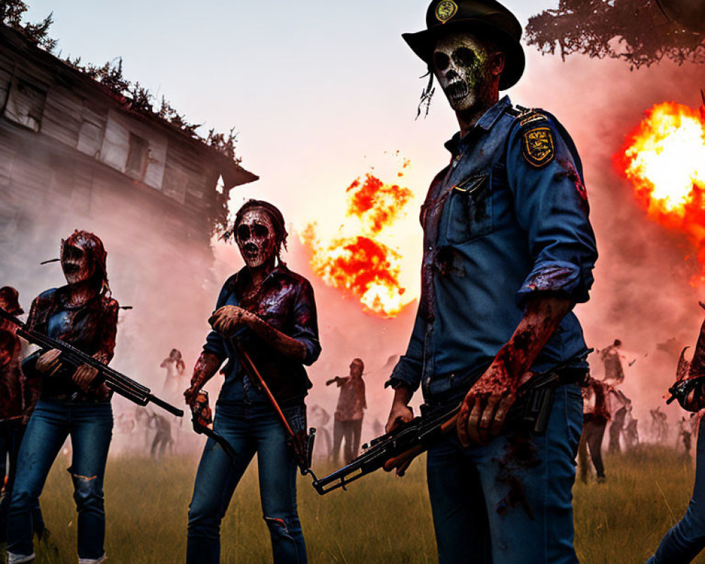 Horror-themed image of zombie police officer and civilians in chaos