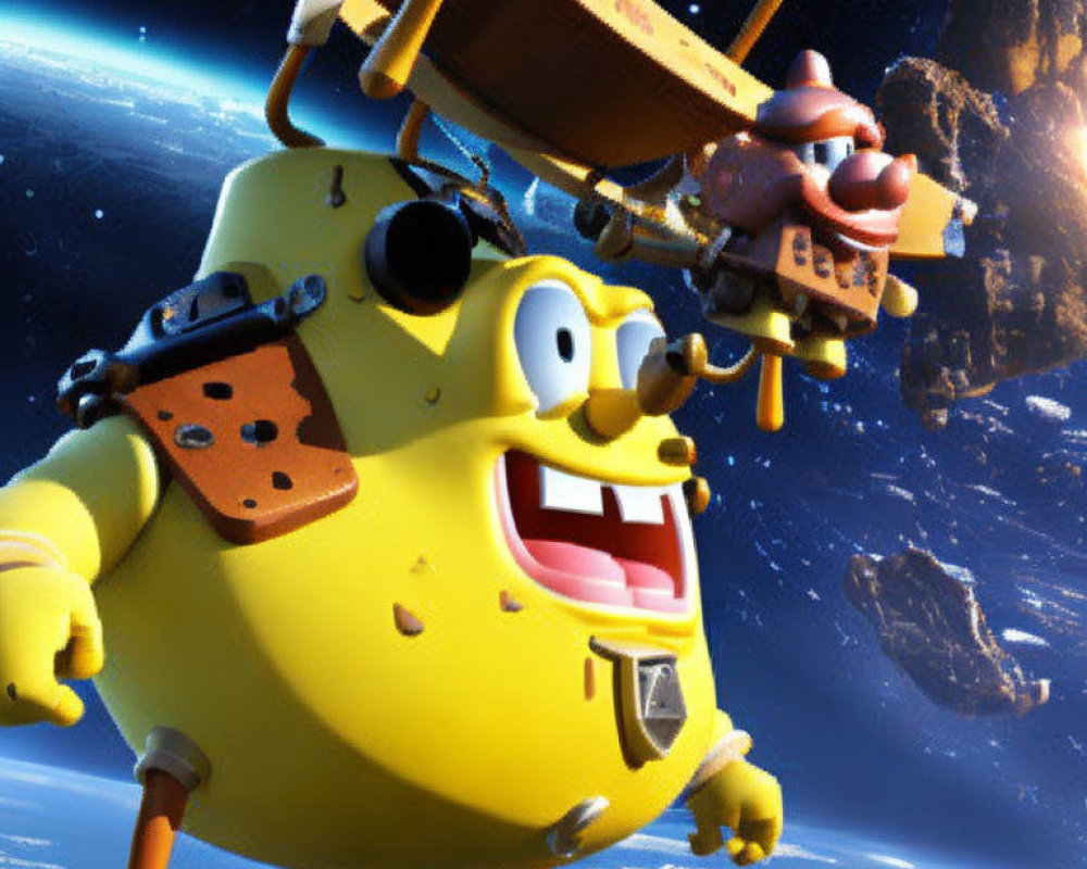 Yellow Sponge Character in Space Suit with Laser Gun Floating Among Asteroids and Earth