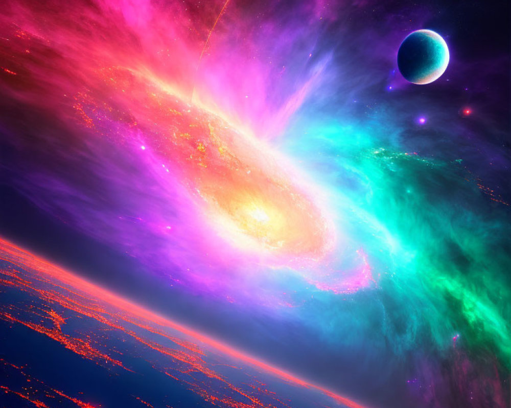 Colorful cosmic scene with swirling galaxy, blue planet, and green nebula clouds.