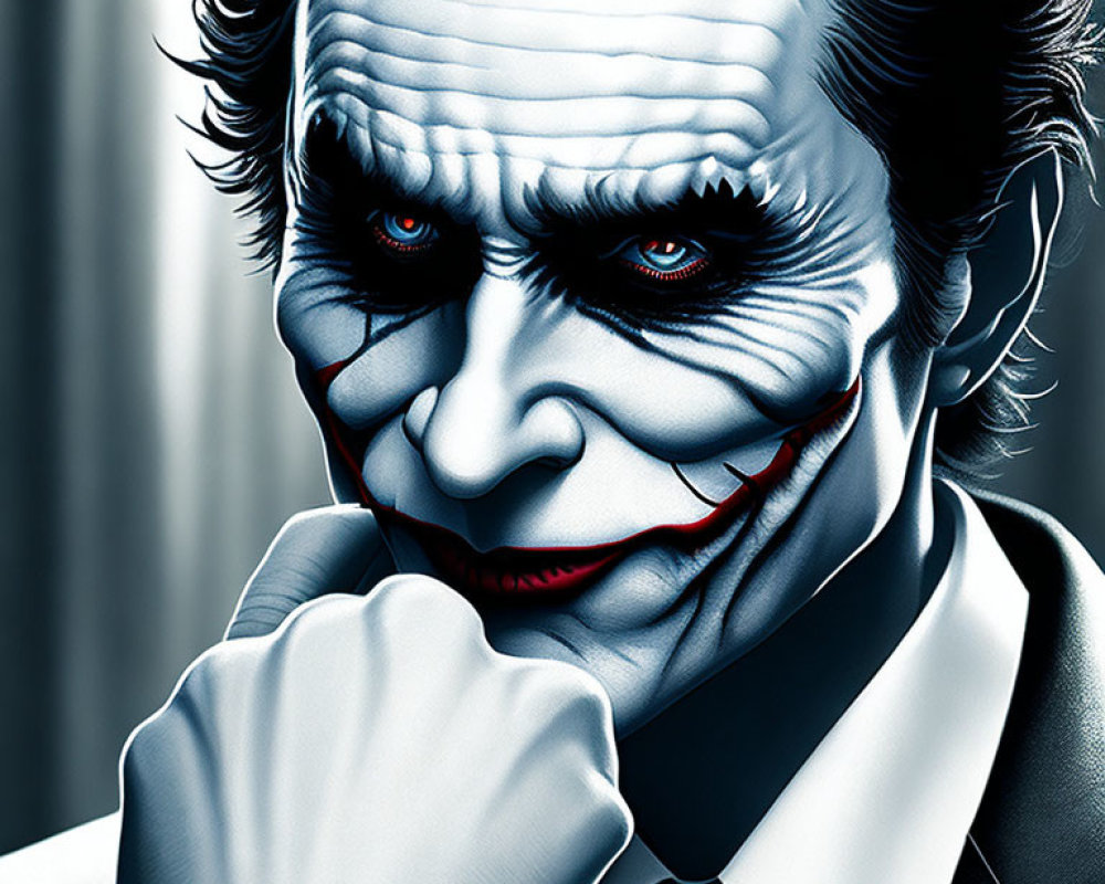 Male character portrait with white face paint, dark eye makeup, red lips, greenish hair, and