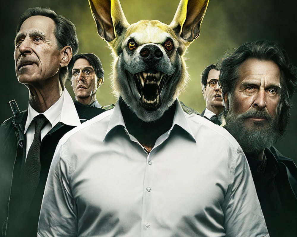 Promotional poster featuring four intense characters with surreal rabbit head.