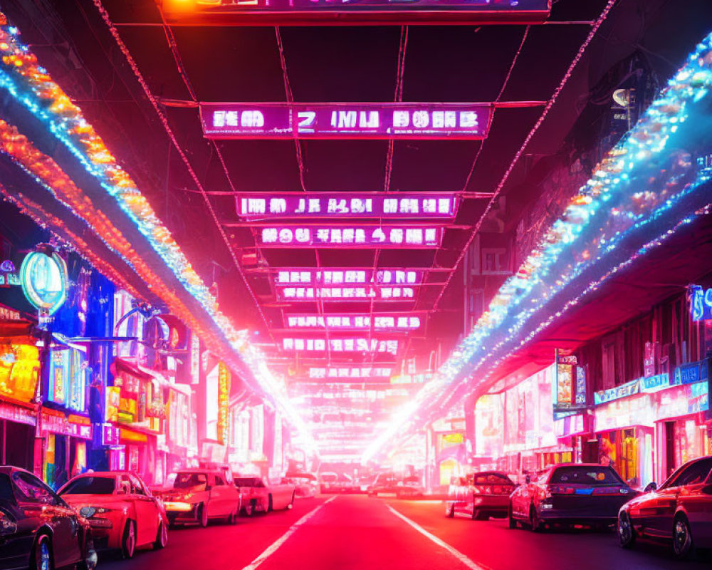 Night street scene with neon signs and city lights.