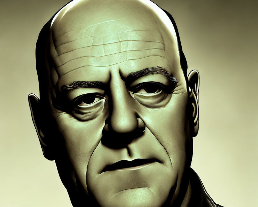 Hyper-realistic digital artwork of a bald man with intense gaze and furrowed brows in sepia