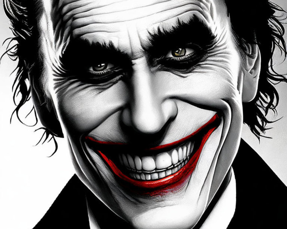 Detailed black-and-white hyper-realistic illustration of a sinister clown-like man with a wide smile and dark