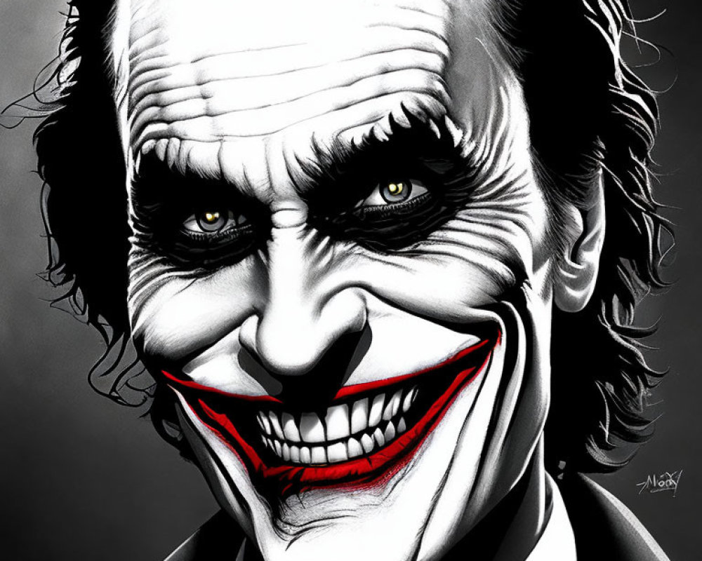 Monochrome illustration of a man with menacing smile and dark eye make-up