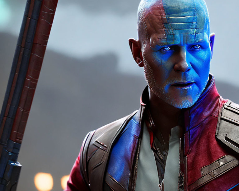 Blue-skinned cybernetic humanoid with mohawk and tattoos in leather jacket with weapon.