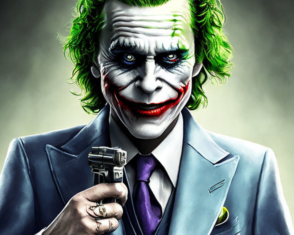 Colorful character with green hair, clown makeup, gun, purple tie, and grey suit