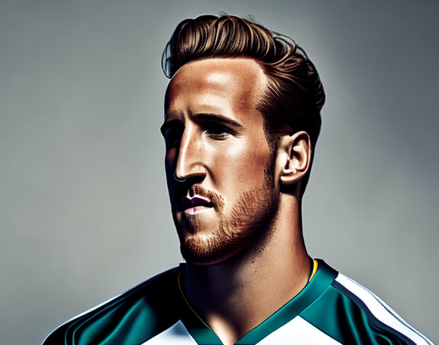 Man with Slicked-Back Hair and Green Jersey Portrait on Grey Background
