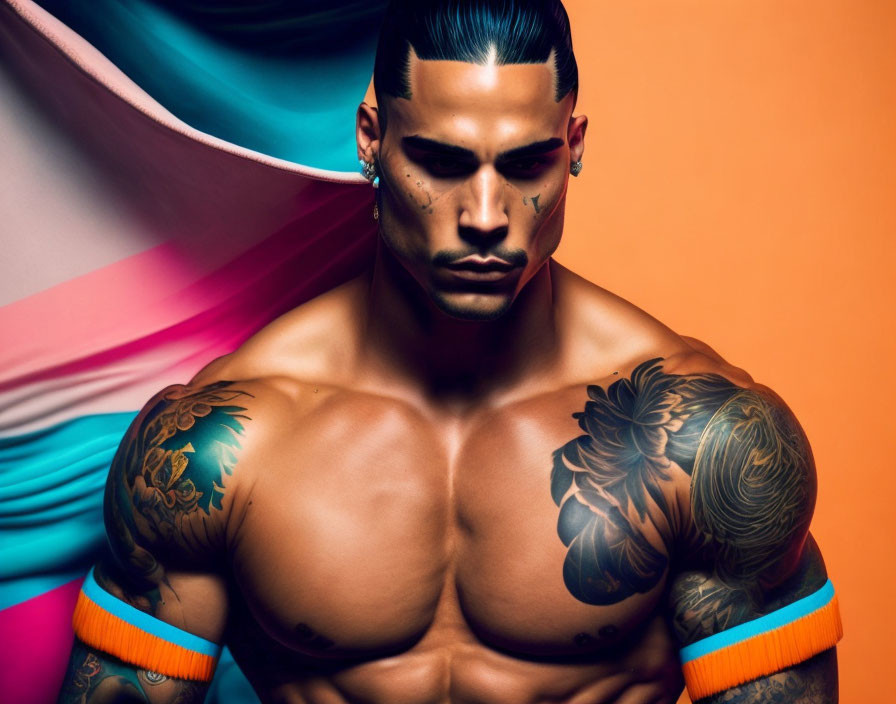 Tattooed man with styled hair and facial hair on colorful backdrop