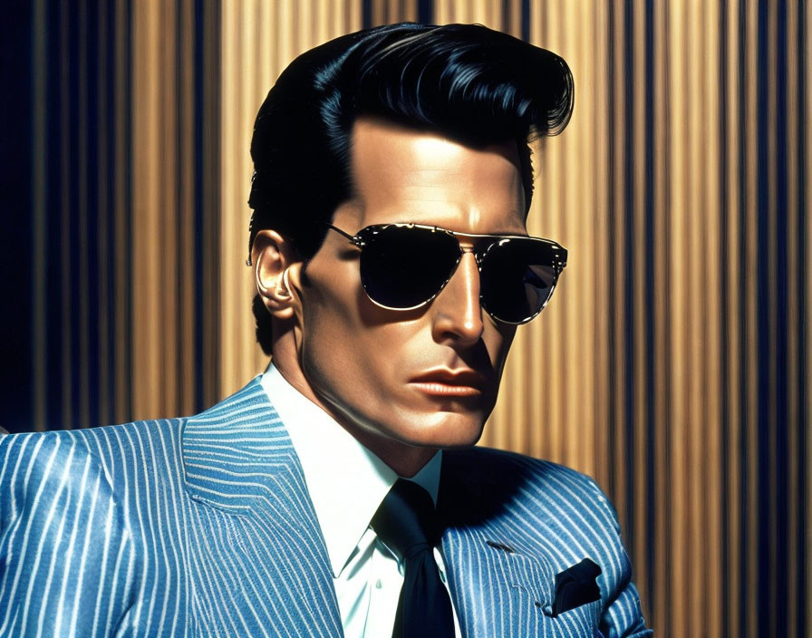 Man in Sunglasses with Slicked-Back Hair and Blue Pinstripe Suit
