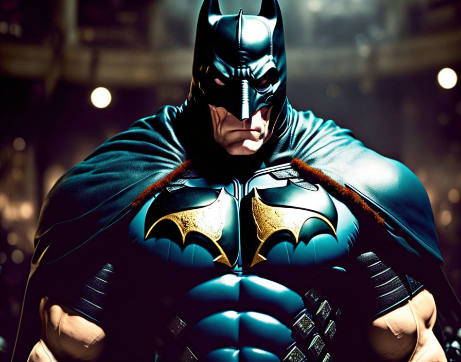 Detailed Batman costume close-up with muscular suit, cowl, and utility belt.