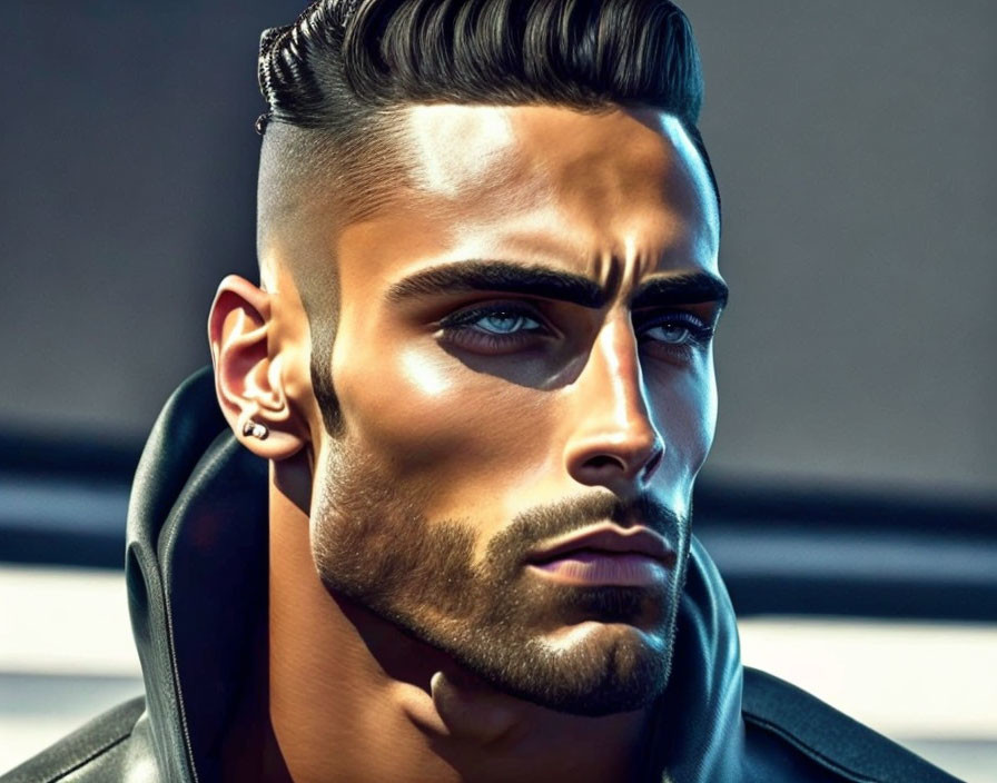 Sculpted beard man with styled hair in black leather jacket