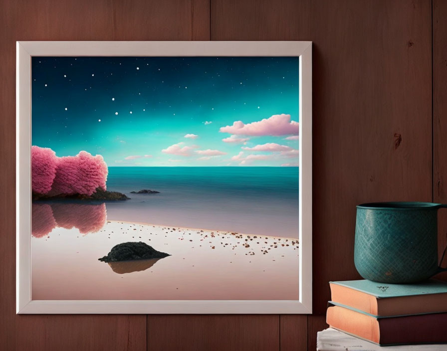 Surreal landscape with pink trees, serene water, starry sky on wooden wall