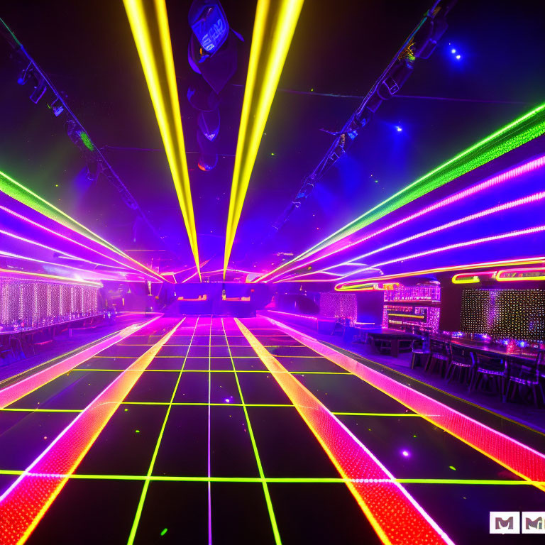 Colorful neon laser beams illuminate nightclub dance floor with stools and tables
