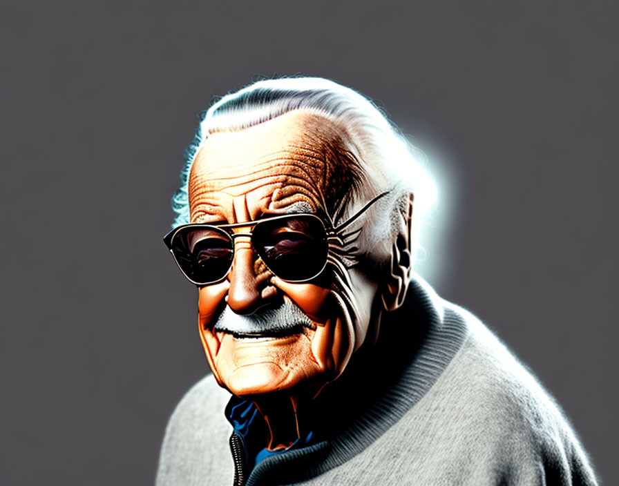 Elderly man with mustache in sunglasses and sweater on gray background