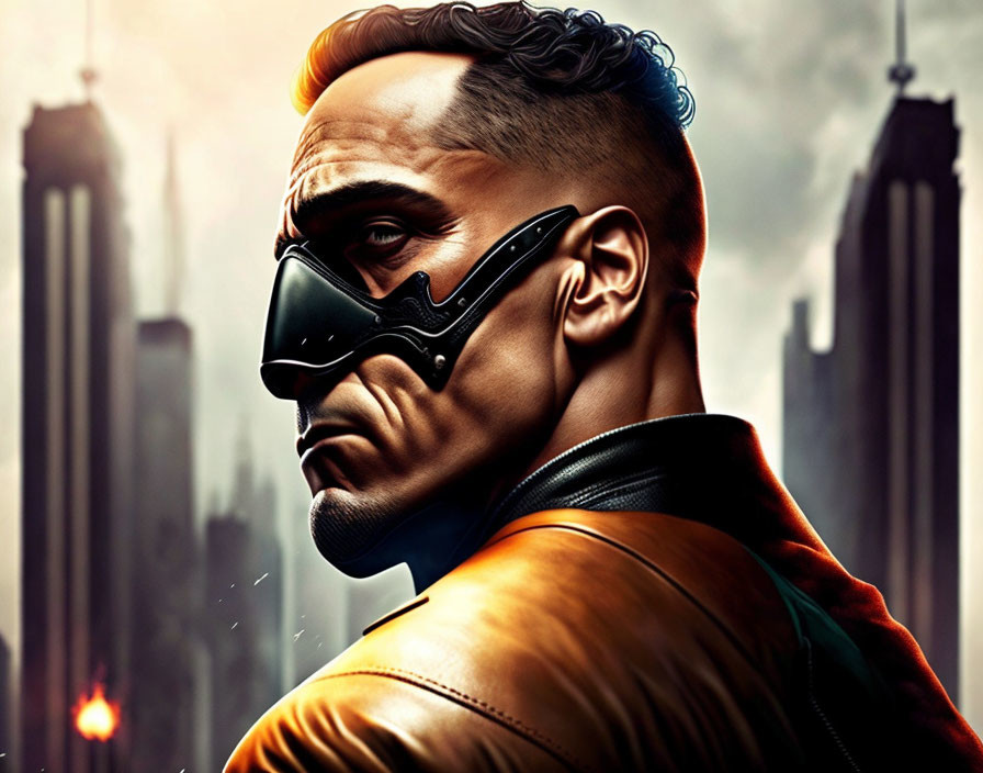 Superhero in black mask against urban skyline backdrop
