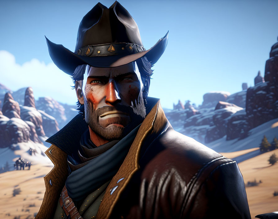 Computer-generated cowboy character with stubble in desert landscape