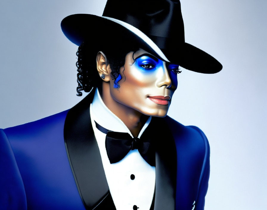 Portrait of a person in black fedora and tuxedo with glowing blue eyes
