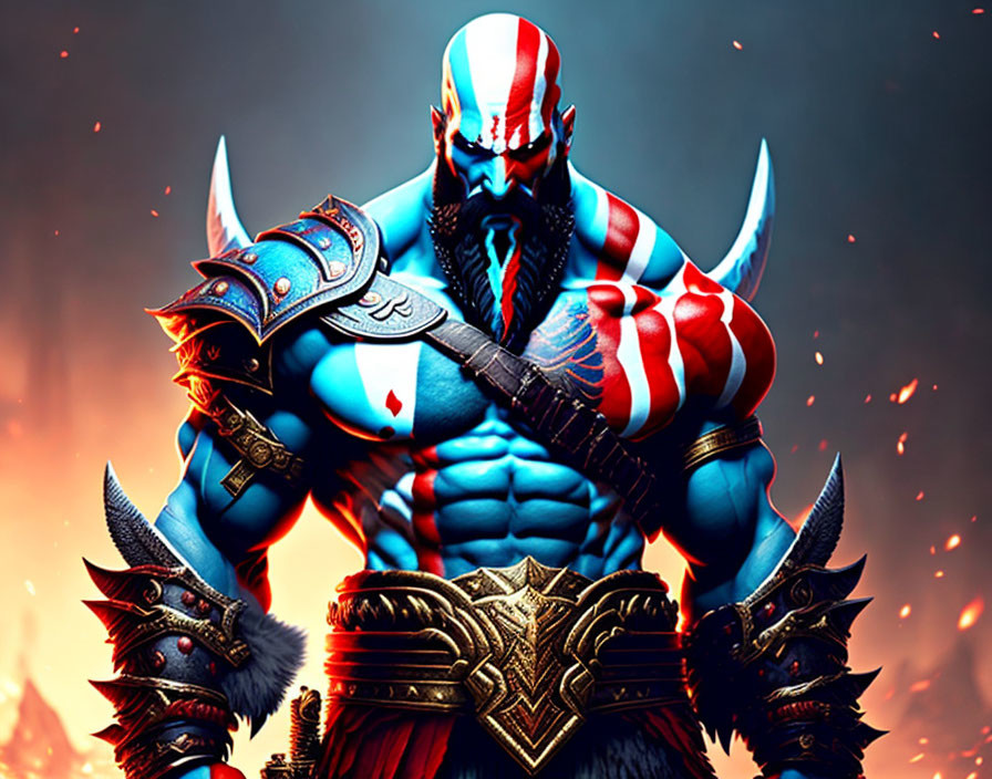 Blue-skinned fantasy warrior in spiked armor against fiery backdrop