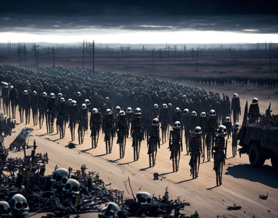 Dystopian landscape with skeletal robots in desolate scene