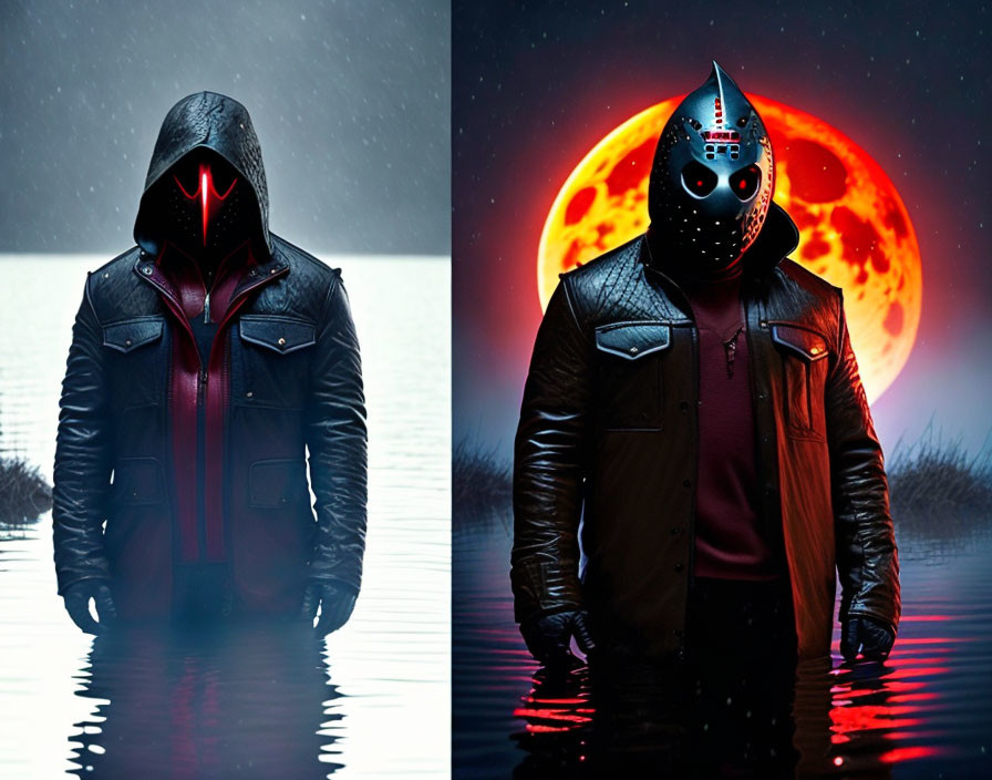 Stylized portraits of person in leather jacket and futuristic helmet side by side