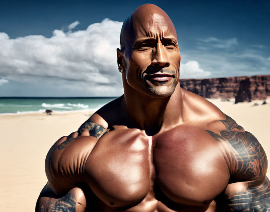 Tattooed muscular person posing on sunny beach