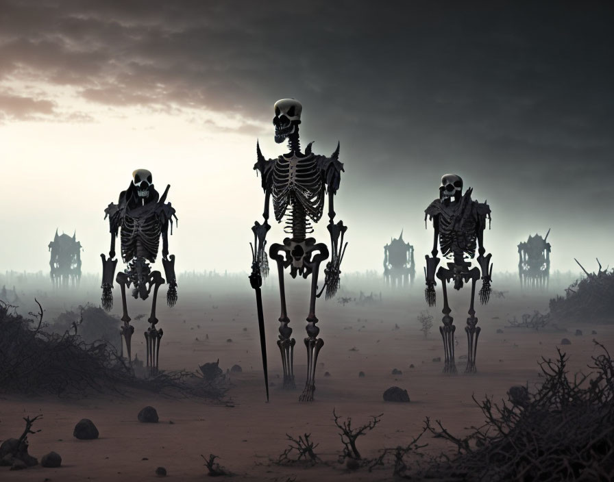 Skeletal figures in desolate landscape with barren trees