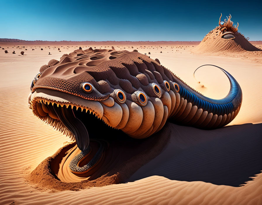 Surrealist digital artwork: Sandworm with multiple eyes on desert dune