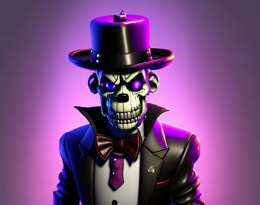 Stylized 3D skeleton character in elegant suit and top hat with glowing purple ambiance