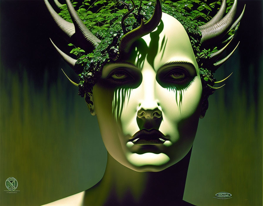 Surreal Woman with Antlers and Foliage on Abstract Green Background