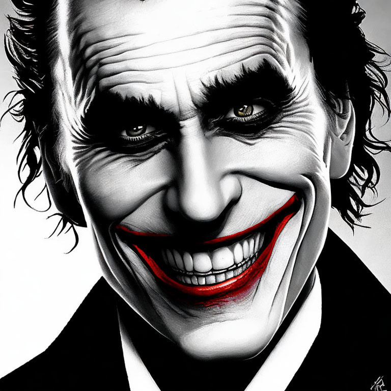 Detailed black-and-white hyper-realistic illustration of a sinister clown-like man with a wide smile and dark
