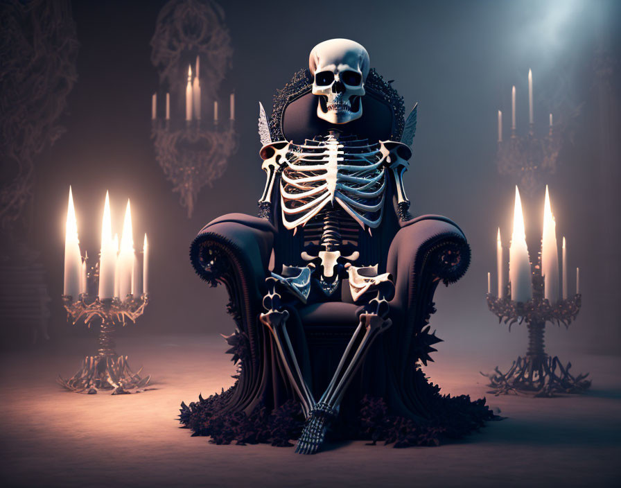 Skeleton on ornate armchair with scepter and candelabras in dimly lit setting