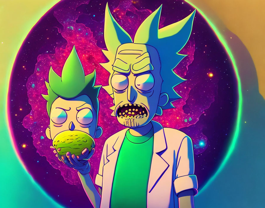 Two animated characters with green spiked hair and a strange fruit in a cosmic setting.